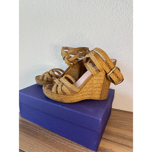 Stuart Weitzman Raffia Wedge Sandals Tan Strappy Ankle Strap 7.5 - Picture 3 of 3